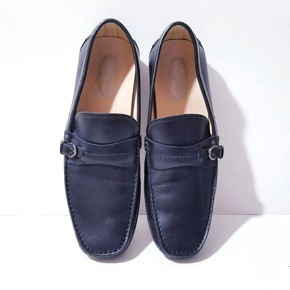 SALVATORE FERRAGAMO Black Leather Side Buckle Loafers Wine Vibram Sole 9.5